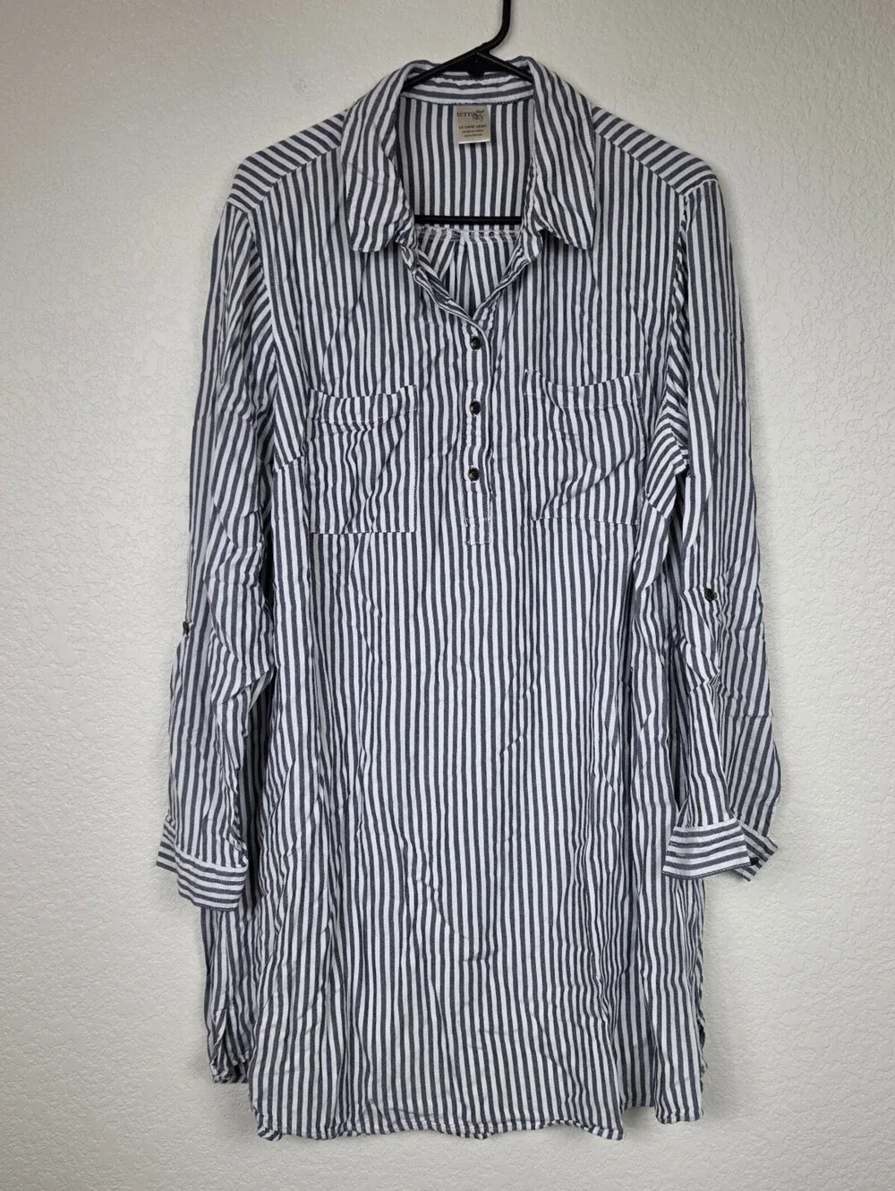 Terra & Sky 1X 16W 18W Striped Collared Long Sleeve Blouse - Picture 1 of 4